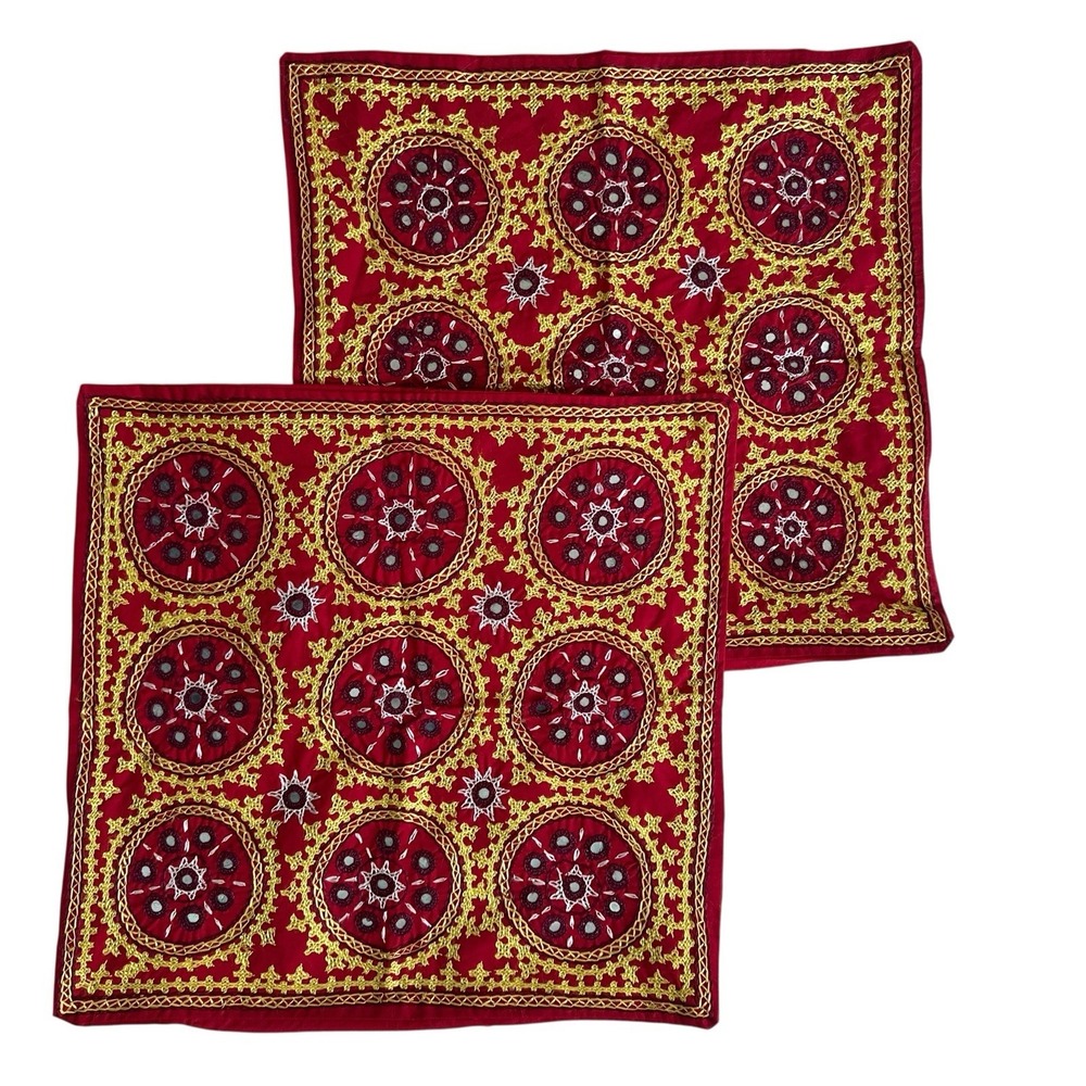 Uzbek Suzani Embroidered Pair Silk Pillow Covers 17x16 Inch Medallion Crystals